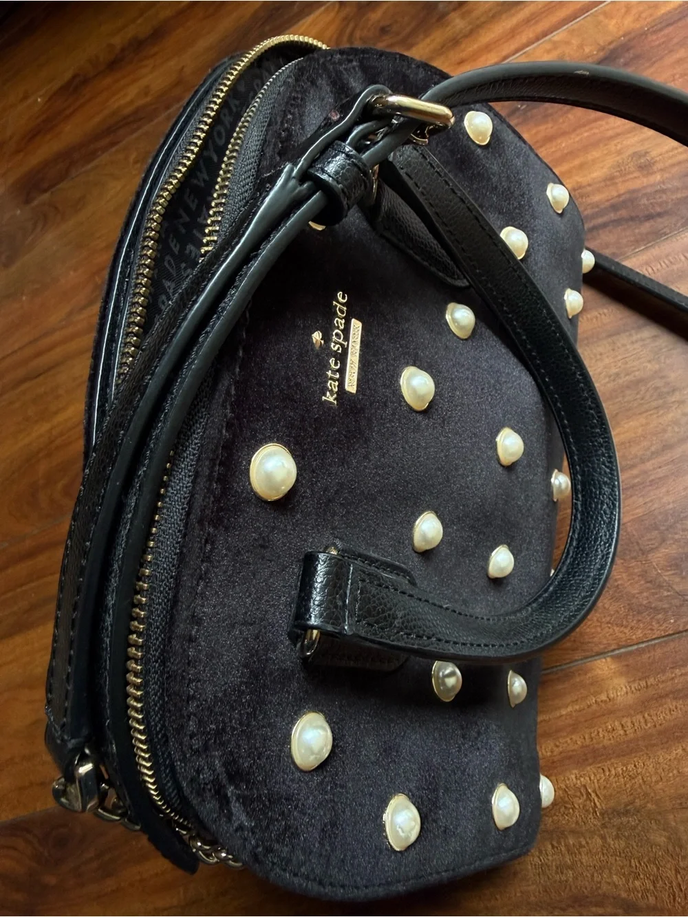 kate spade Black Pearl-Embellished Velvet Dome Satchel